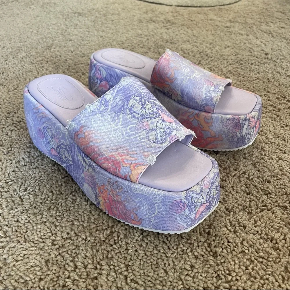 I.AM.GIA. Ila Slides Platforms Purple Newport Tattoo Print Size 9
